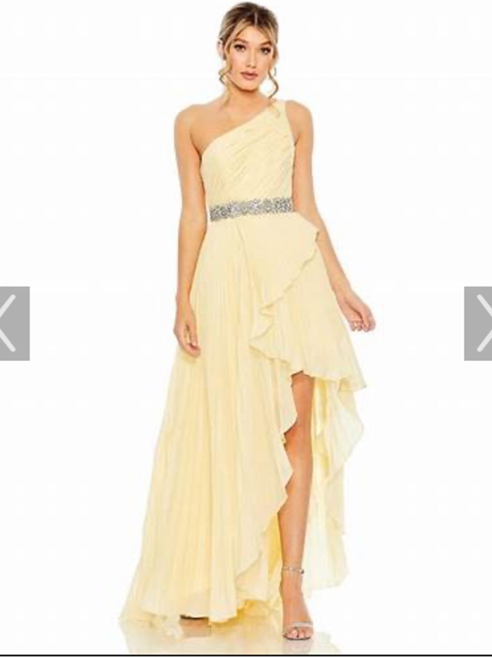 Mac Duggal One-Shoulder Yellow Ruffled Evening Gown with Embellished Waist